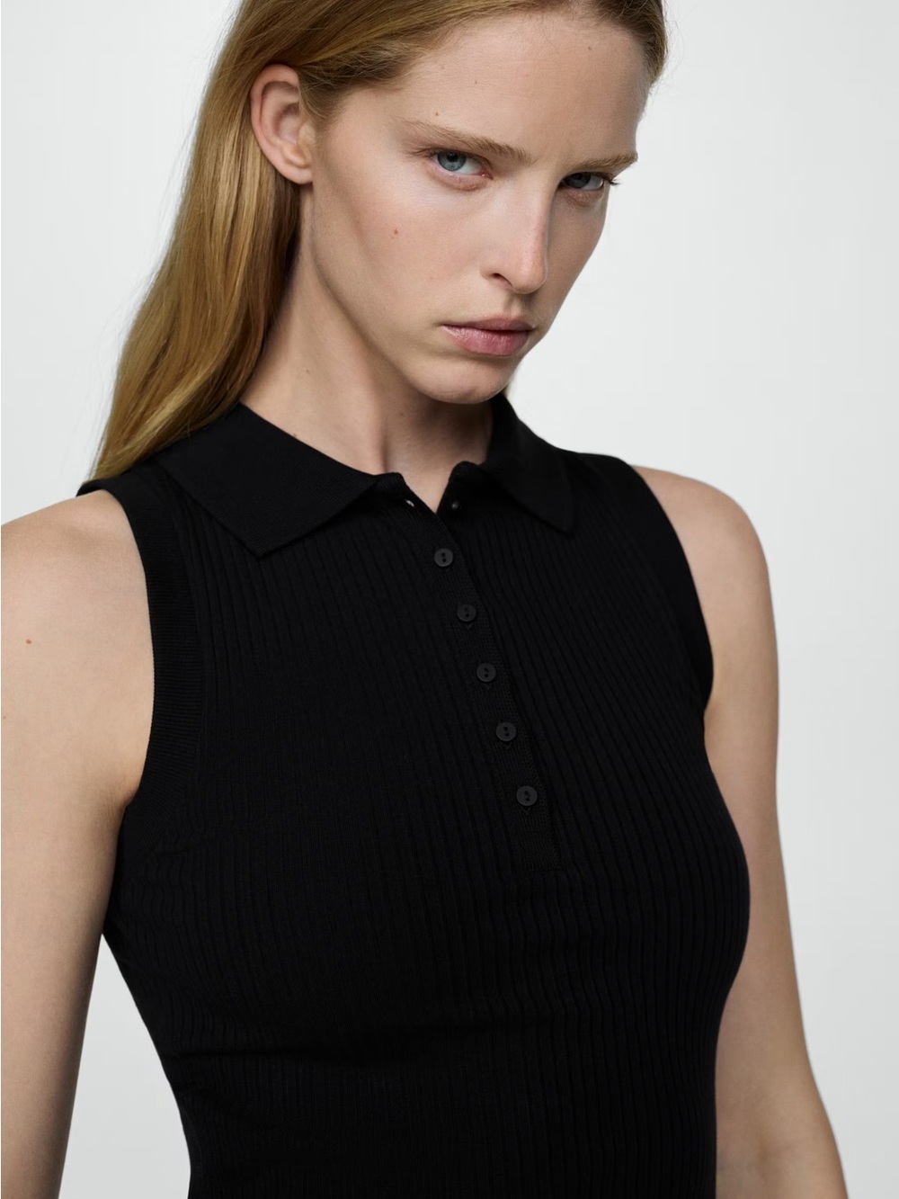 Mango Black Ribbed Knitted Sleeveless Polo Button Down Tank Top